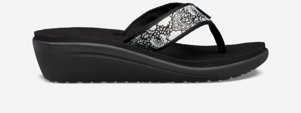 Women\'s Teva Voya Wedge Flip Flops Black / White / Silver | USA-6834