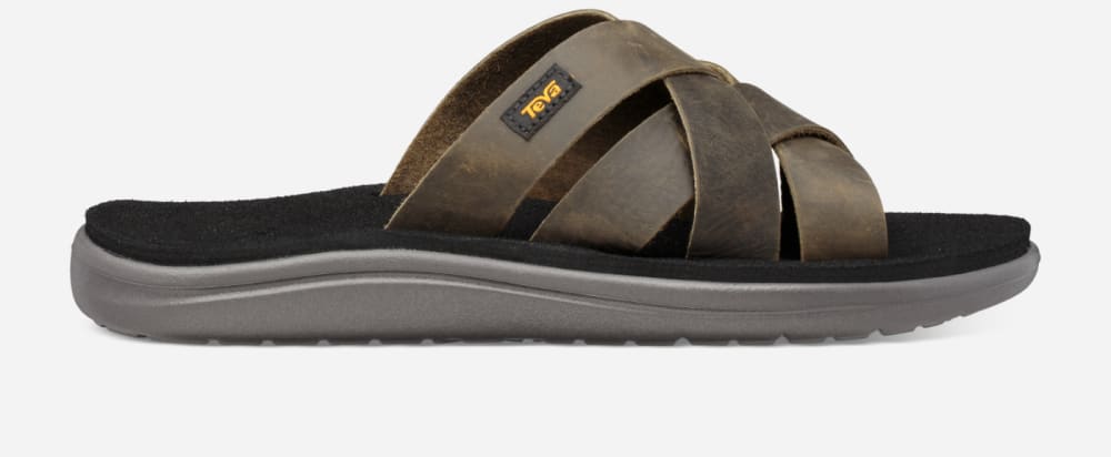 Men's Teva Voya Leather Slide Dark Olive | USA-5176